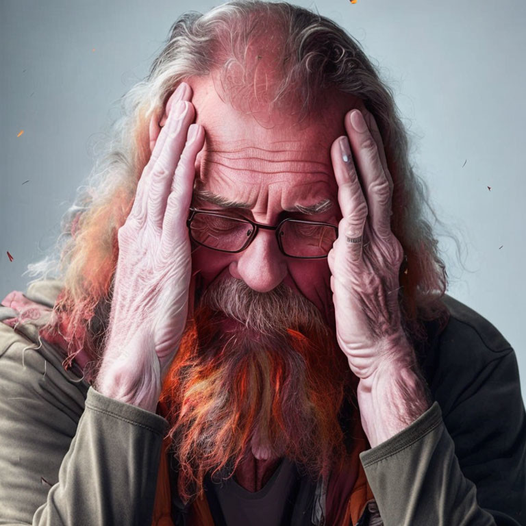 Elderly man with long grayish-red beard and glasses looking stressed or upset