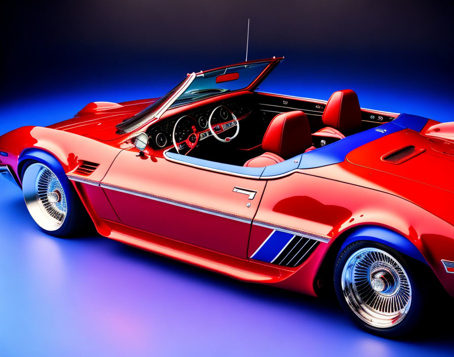 Vintage Red Convertible Sports Car with Chrome Details on Blue Gradient Background