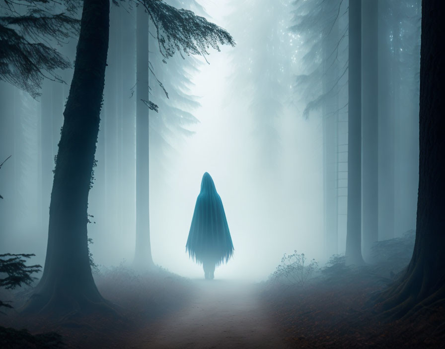 A ghostly creature walks through the foggy forest