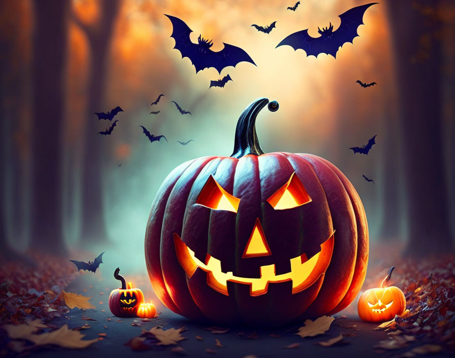 Glowing jack-o'-lantern in spooky autumn scene with bats and pumpkins