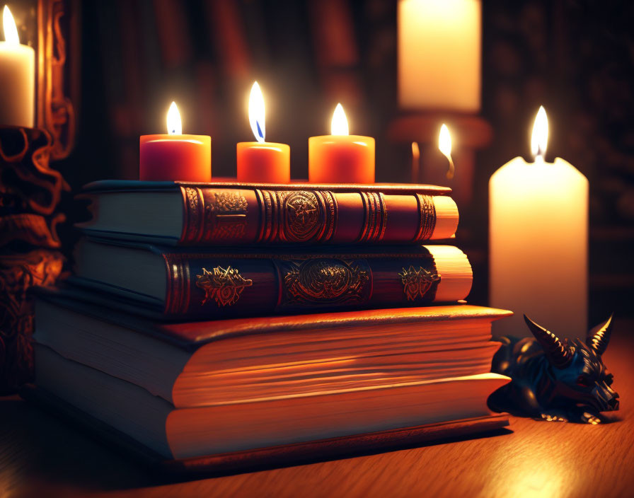 Stack of Old Books Beside Burning Candles in Dimly Lit Setting