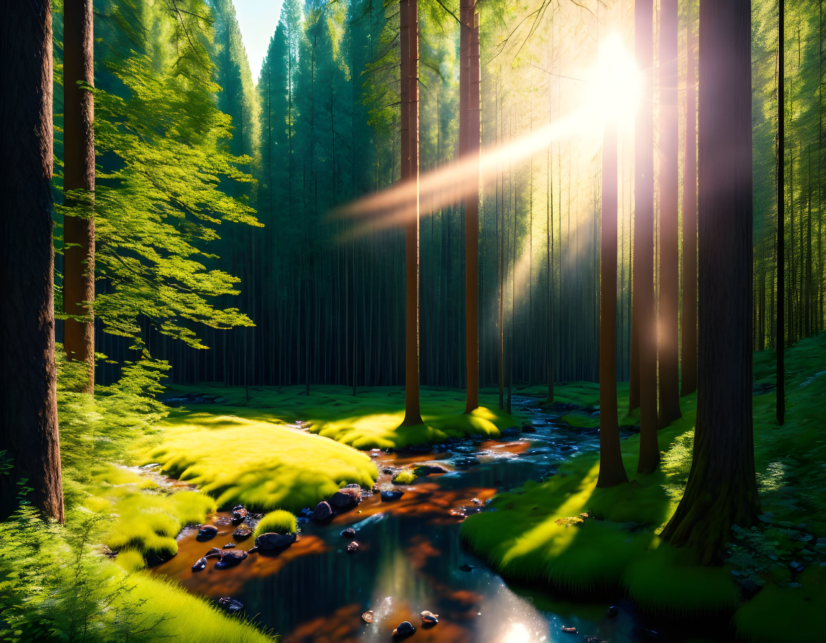 Forest Stream Illuminated by Sunlight Through Tall Trees