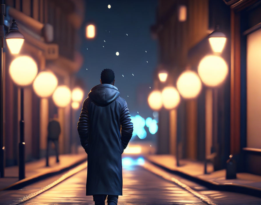 Person in coat walking on snowy, lamp-lit night street