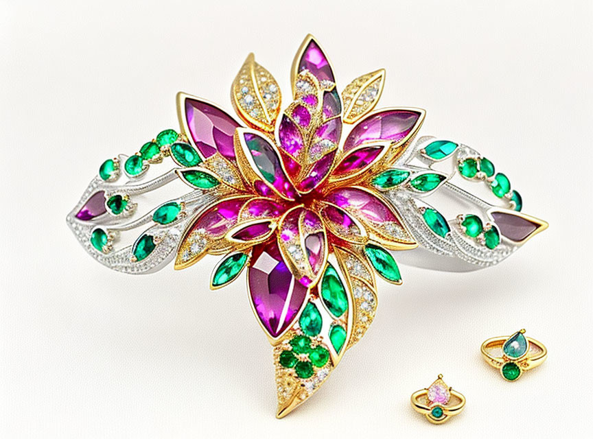 Floral Design Brooch with Purple, Green, & Clear Gemstones