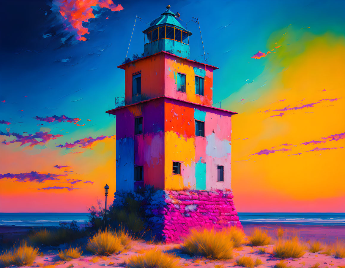 Colorful surreal artwork: lighthouse in multicolored sky