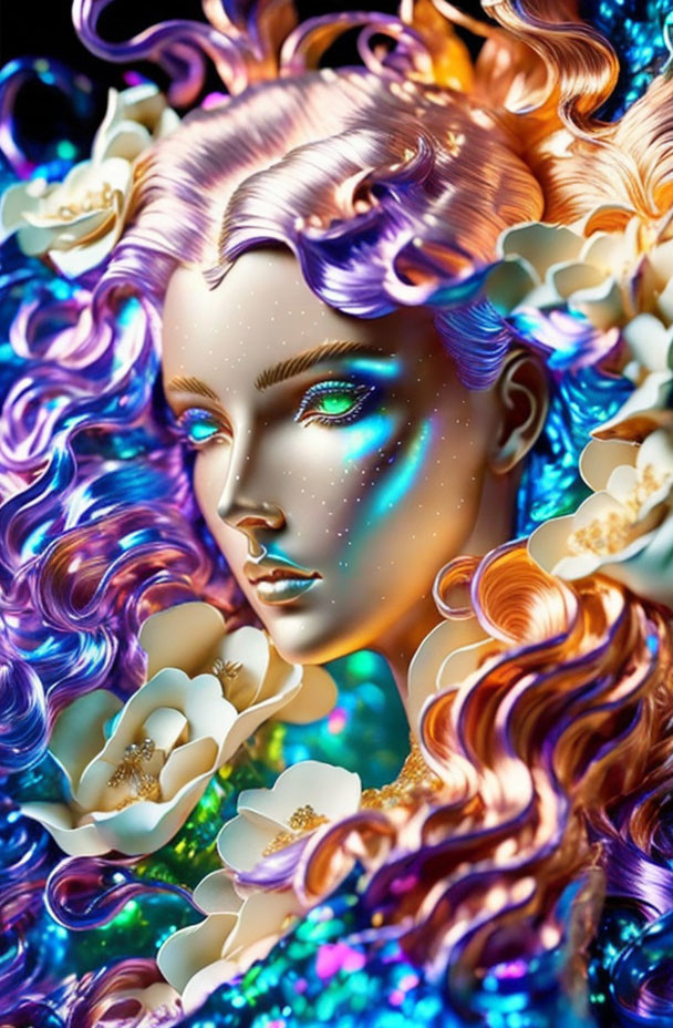 Violet-skinned woman with multicolored hair in surreal digital art
