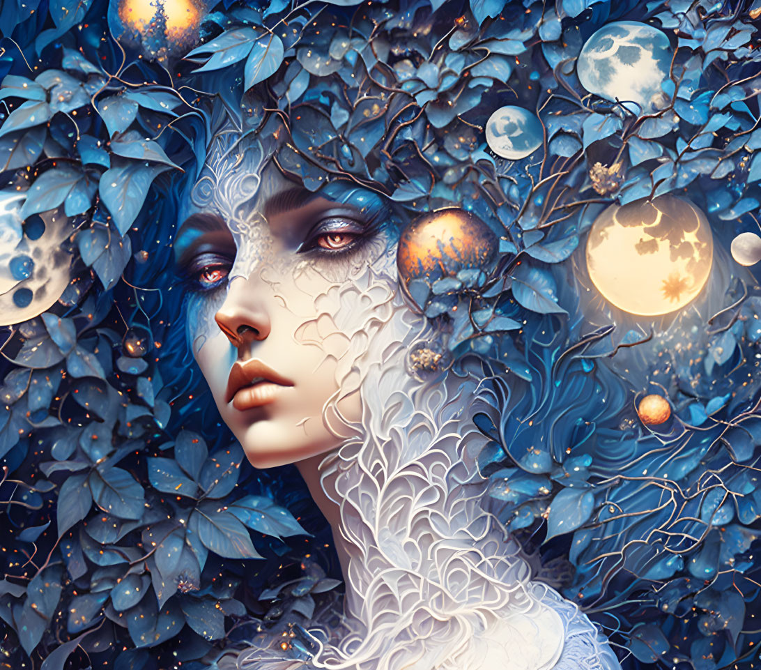 Mystical portrait of woman with blue foliage and celestial bodies