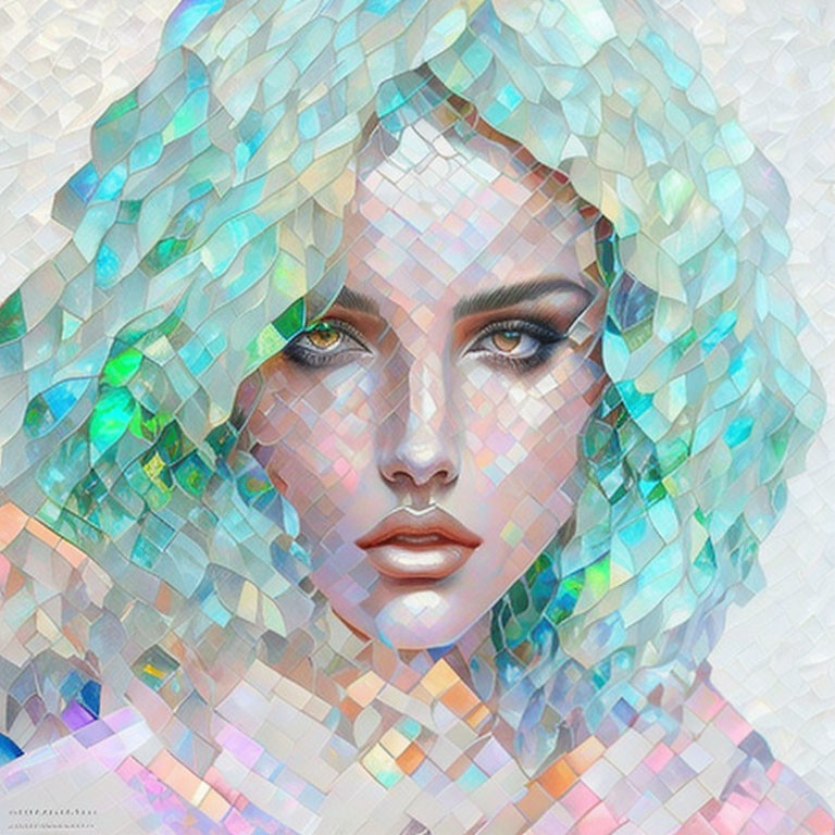 Colorful Mosaic Portrait of Woman with Iridescent Tiles
