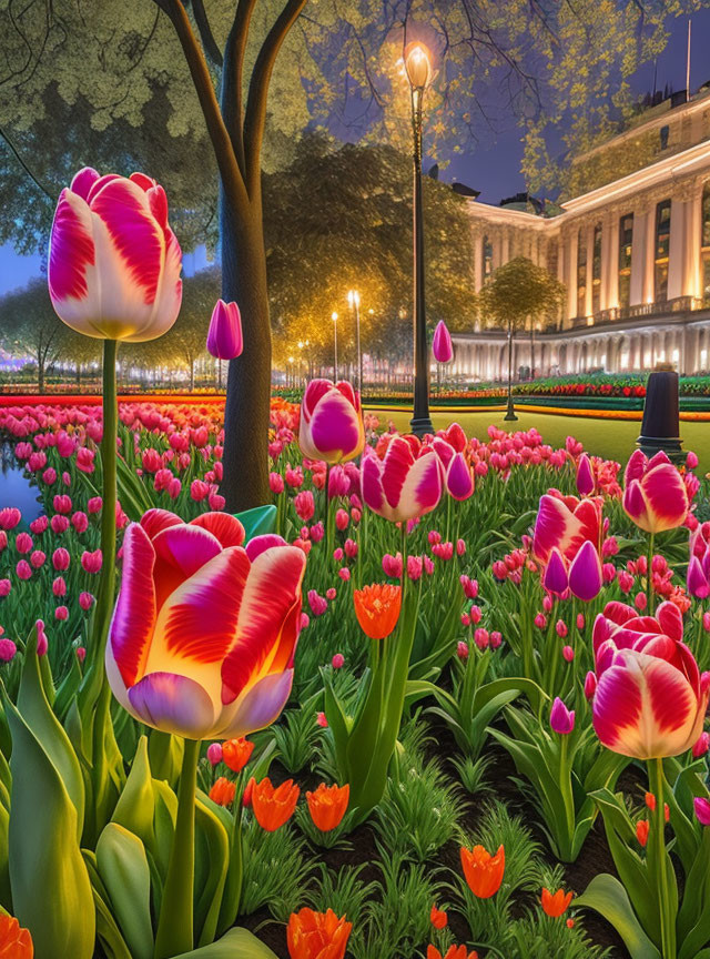 Night-lit garden with vibrant tulips and classical architecture
