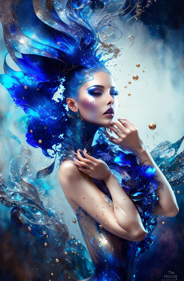 Blue-haired woman in surreal water swirls with golden orbs