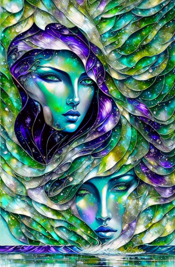 Vivid surreal artwork: stylized female faces in blue and purple hues with swirling green leaf patterns