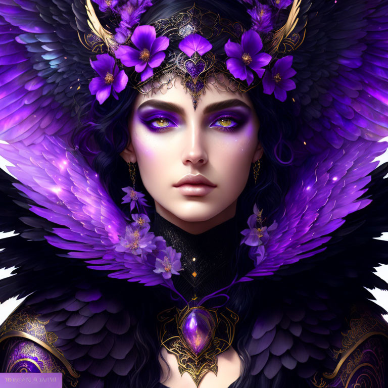 Surreal portrait featuring person with purple feathers and mystical purple eyes