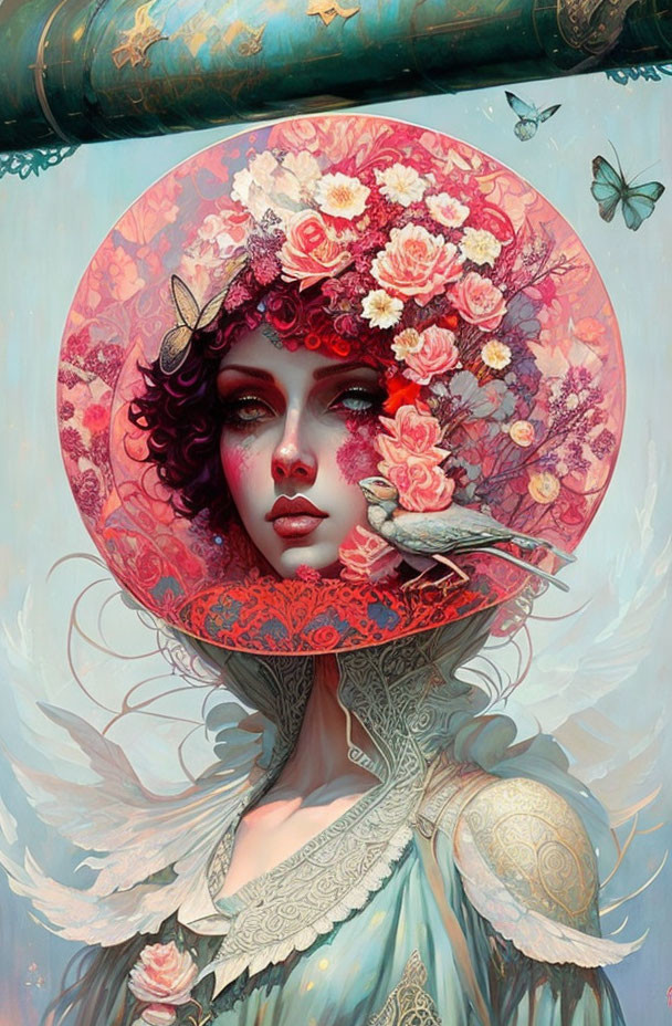 Woman with Floral Aura, Bird, Butterflies, & Intricate Attire