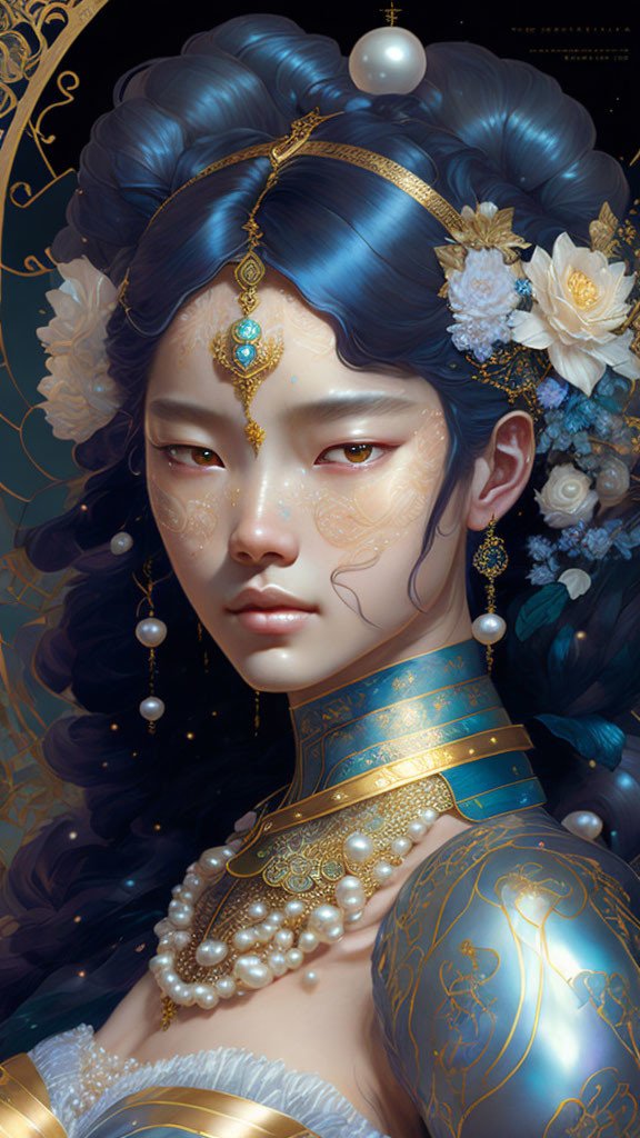 Illustration of Woman with Blue Hair, White Flowers, Pearls, Gold Jewelry, and Blue Gar