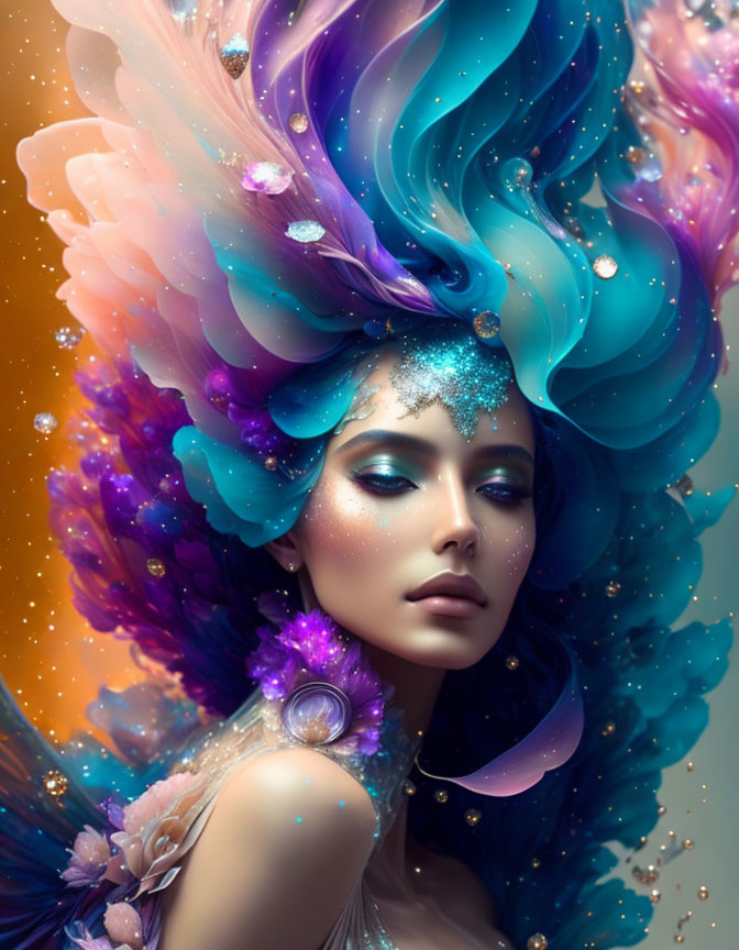 Vibrant blue and purple hair in surreal portrait