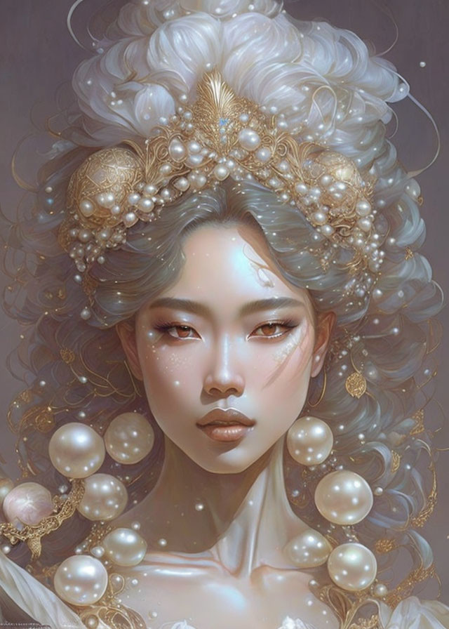 Ethereal woman with pearl-studded hair and golden adornments