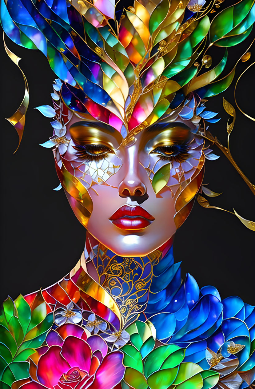 Colorful digital artwork: Woman with floral motifs & golden accents