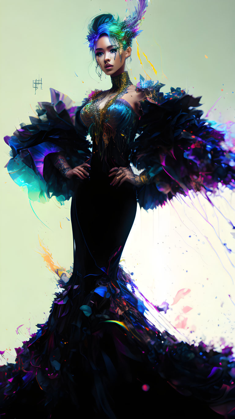 Colorful Avant-Garde Outfit with Feathers and Paint Splashes