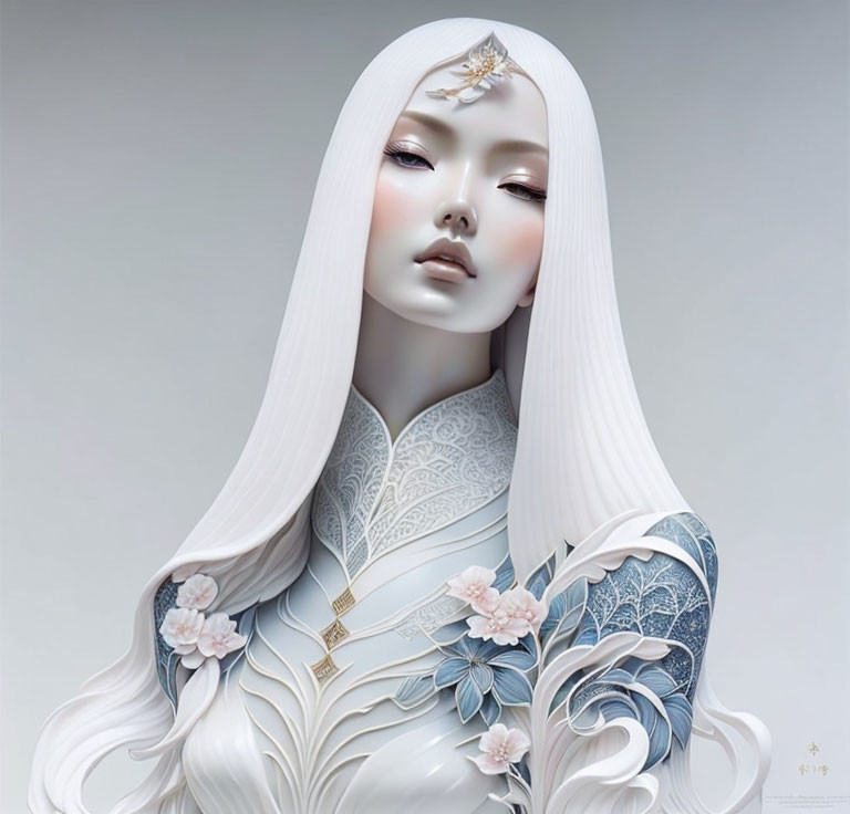 Illustration of female figure: long white hair, pale skin, intricate floral garments, serene and eth