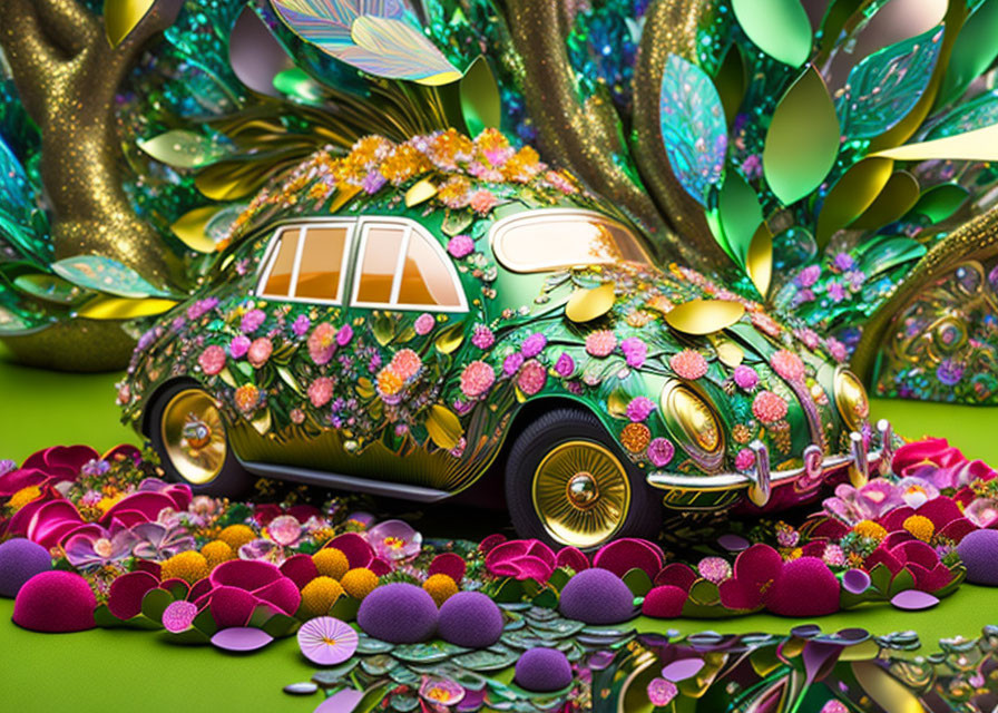 Fantasy landscape with whimsical, flower-covered car
