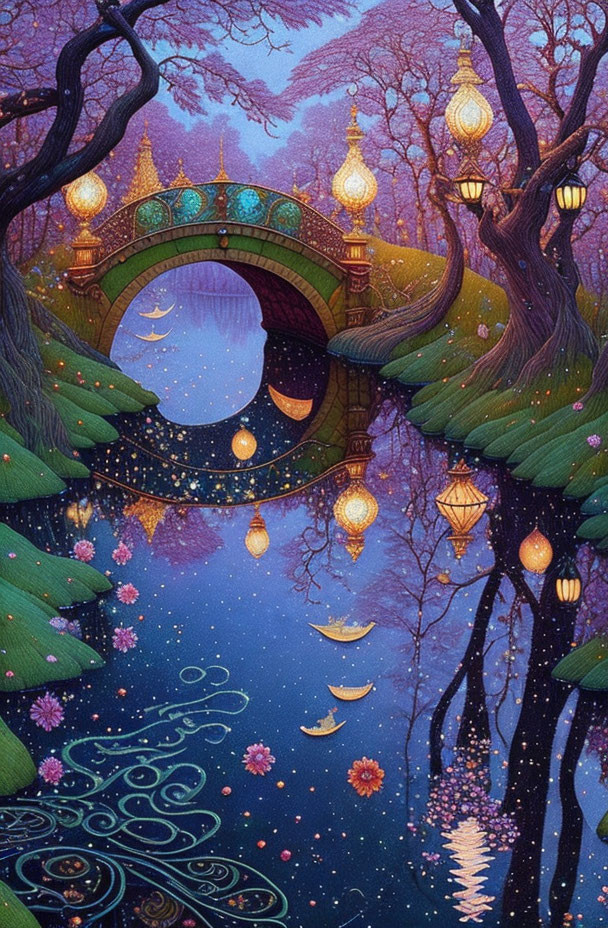 Illustration of Enchanted Forest Night Scene with Bridge, Lanterns, Stars, and Moons