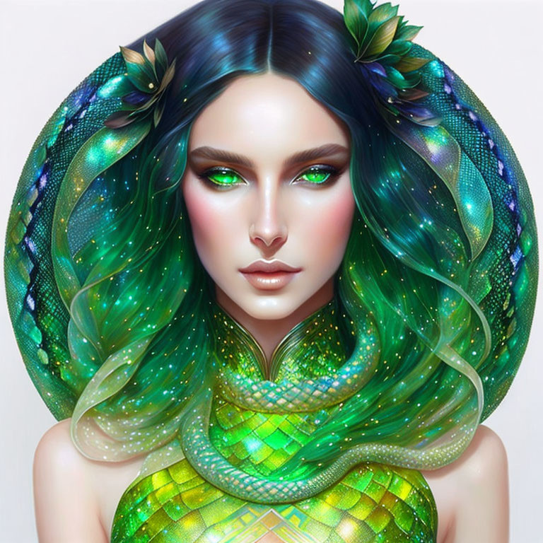 Digital artwork of woman with green, scaly skin and serpent-like features