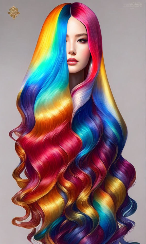 Vibrant digital art: Woman with rainbow hair transition.