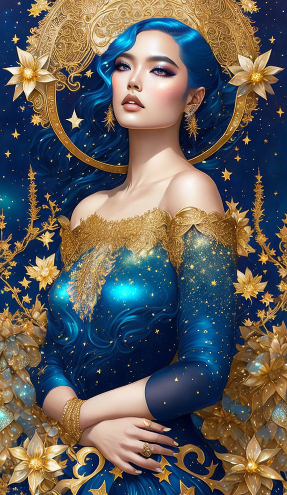 Blue-haired woman in celestial attire on dark blue background with golden accents
