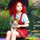 Red-haired girl in black hat and red dress with orange cat by tulip pond