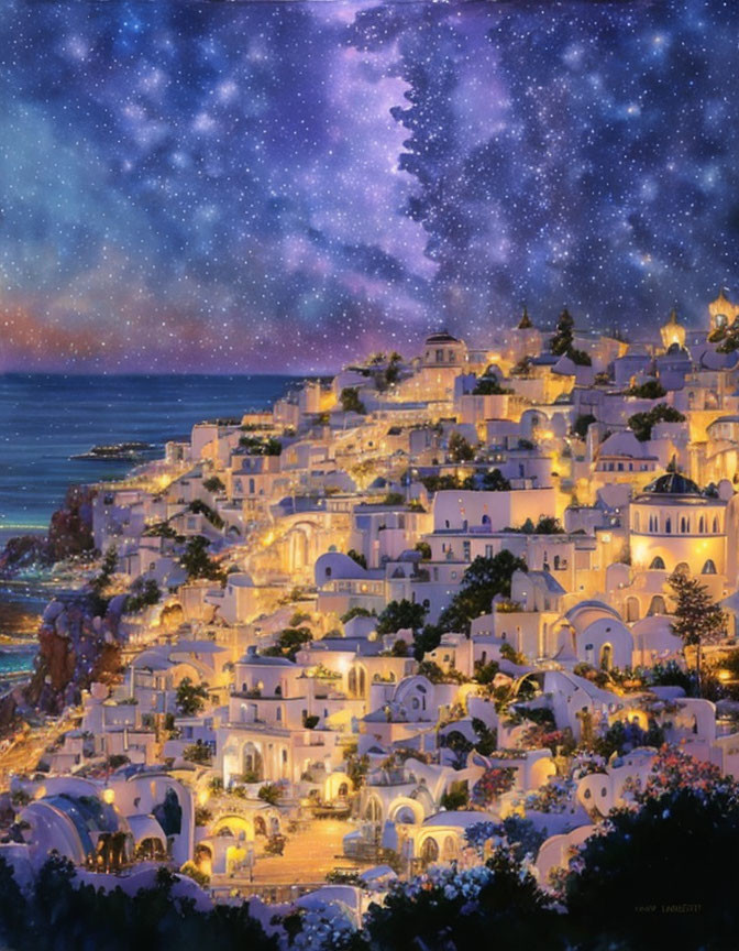 Starry Night Over Terraced Seaside Town