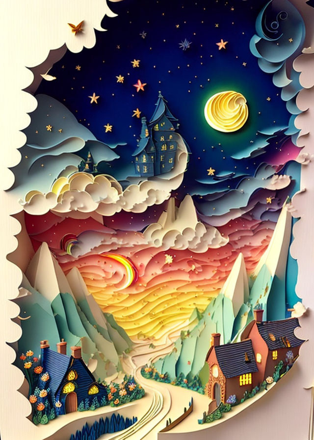 Layered Paper Art: Starry Night Sky with Moon, Hills, Cottages, Mountains,
