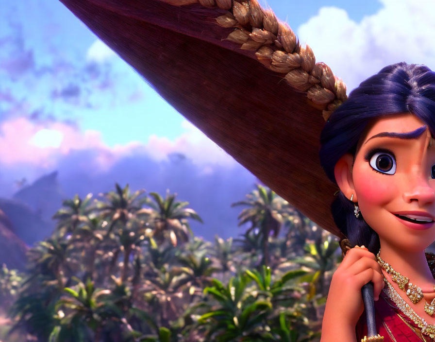 Purple-attired animated girl with long braid and wooden oar in tropical setting