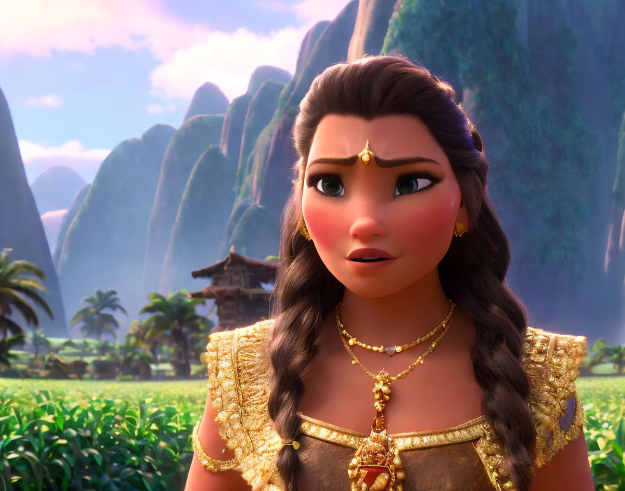 Animated character with long hair in traditional attire and golden jewelry against serene landscape and hut.