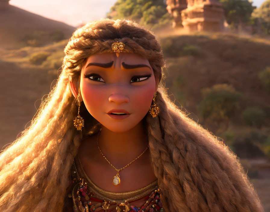 Long-haired female character with golden jewelry in natural setting