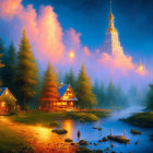Misty forest with magical towers, waterfalls, and river at dusk or dawn