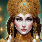 Intricate golden headgear and jewelry on woman's portrait