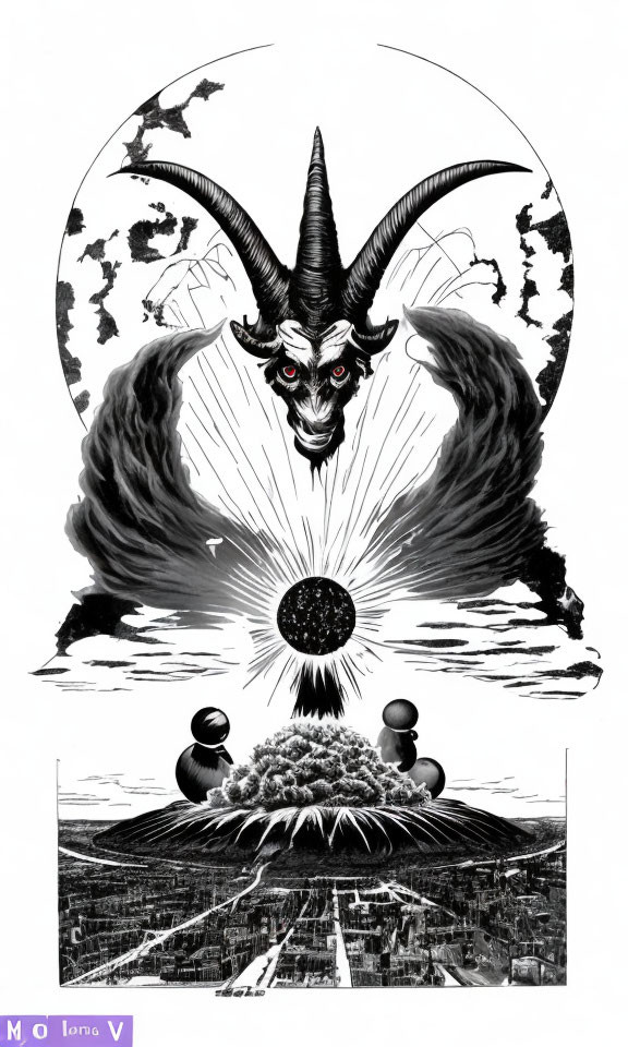 Monochromatic illustration of demonic goat-like figure and exploding celestial body.