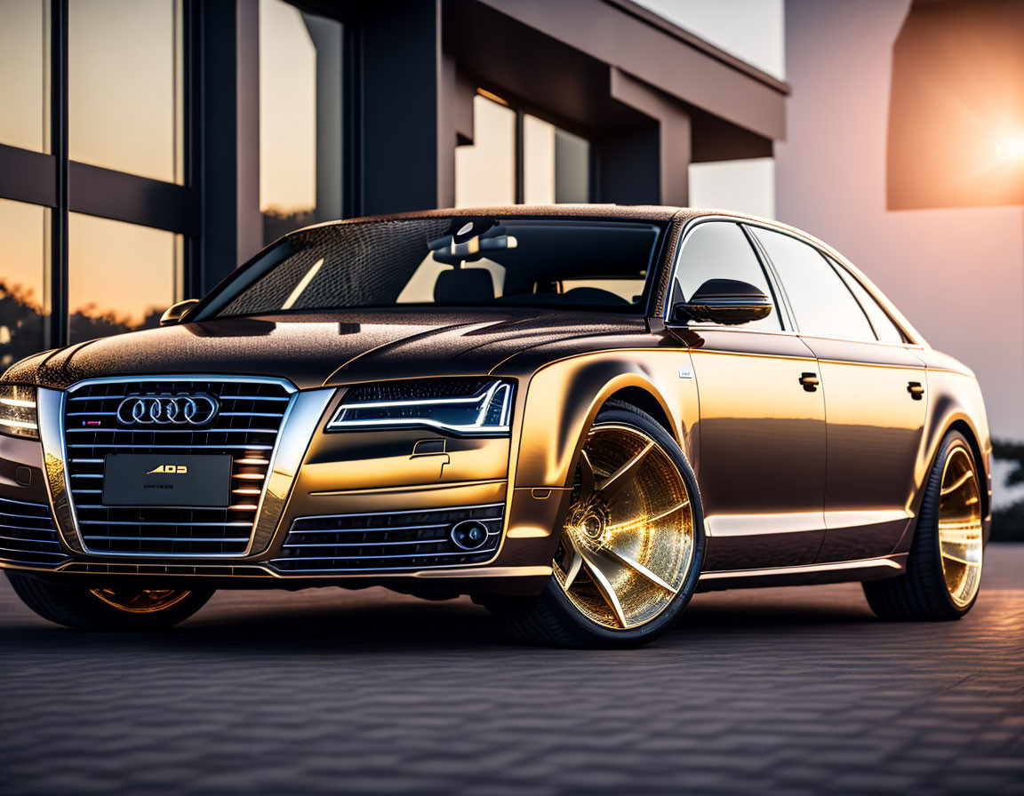 Luxurious Audi A8 with Gold Rims Parked at Sunset
