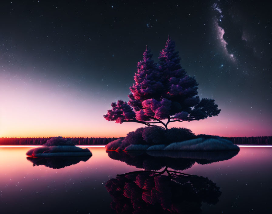 Tranquil night landscape with tree on island, reflecting water, starry sky, galaxy