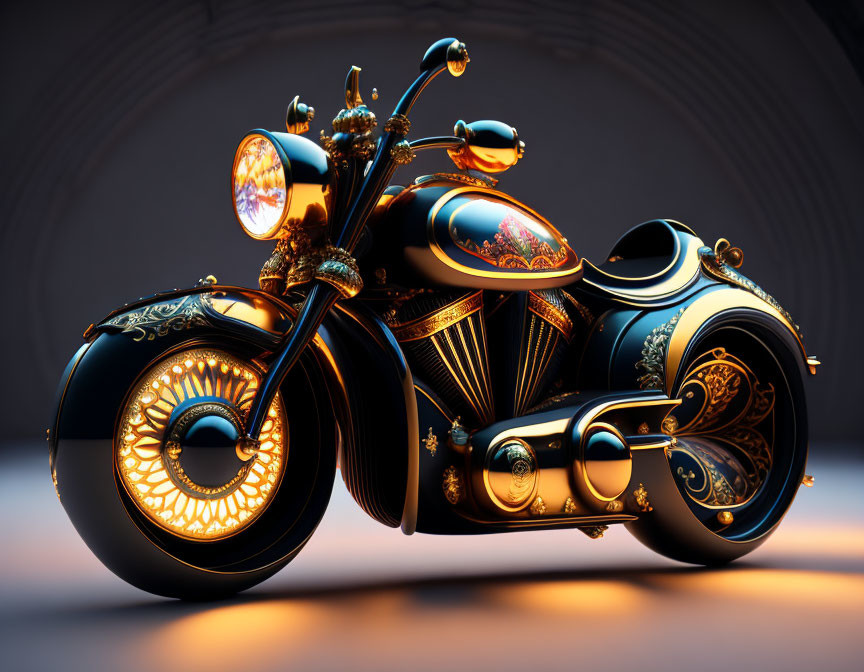 Luxurious Ornate Motorcycle with Gold Detailing on Dark Background