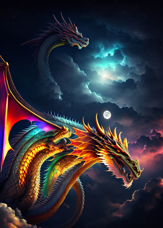 Iridescent-winged dragon flying under full moon