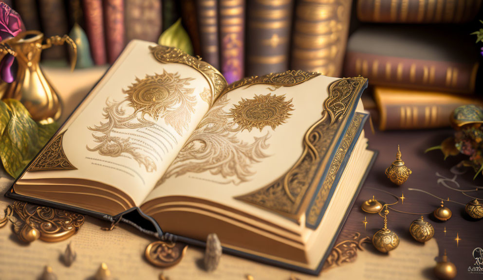 Intricate Golden Designs on Open Ornate Book with Antique Brass Objects