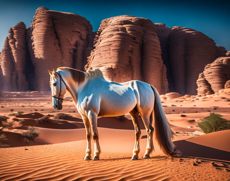 White horse on sandy desert dune with red rock formations against blue sky