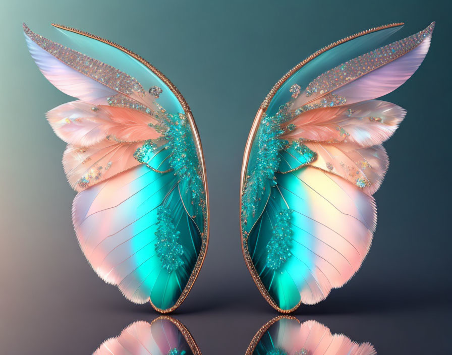 Photorealistic pink to teal butterfly wings with jewels and patterns