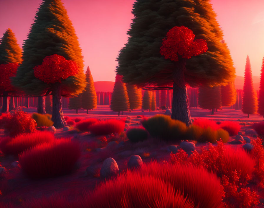 Vibrant red foliage and conical trees in surreal landscape