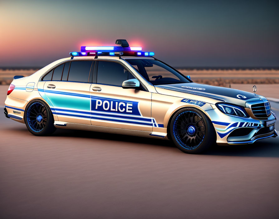 Police Mercedes-Benz patrol car with blue and red lights and custom rims in blurred background