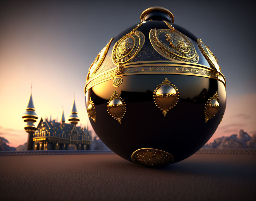 Intricate Black and Gold Sphere in Fantasy Landscape at Dusk