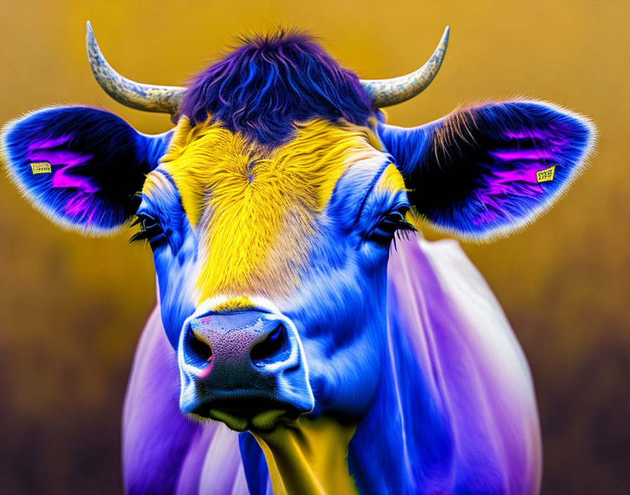 Colorful Stylized Cow Art in Purple, Blue, and Yellow Hues