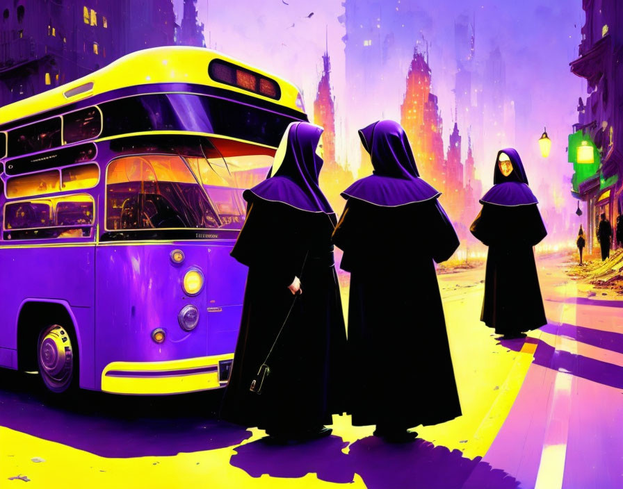 Nuns crossing street by purple bus in neon-lit cityscape