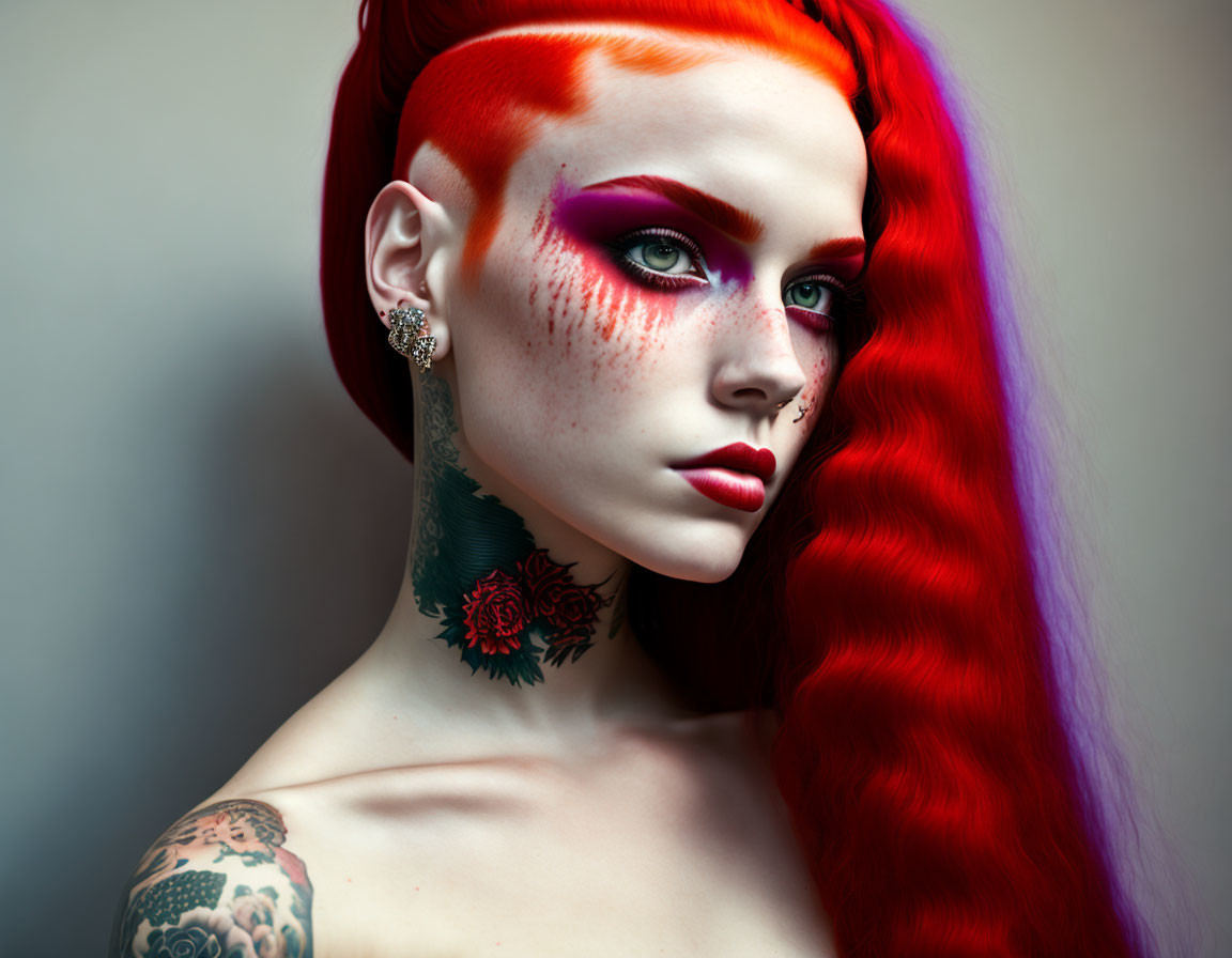 Vibrant red and purple hair woman with freckles and floral neck tattoos.